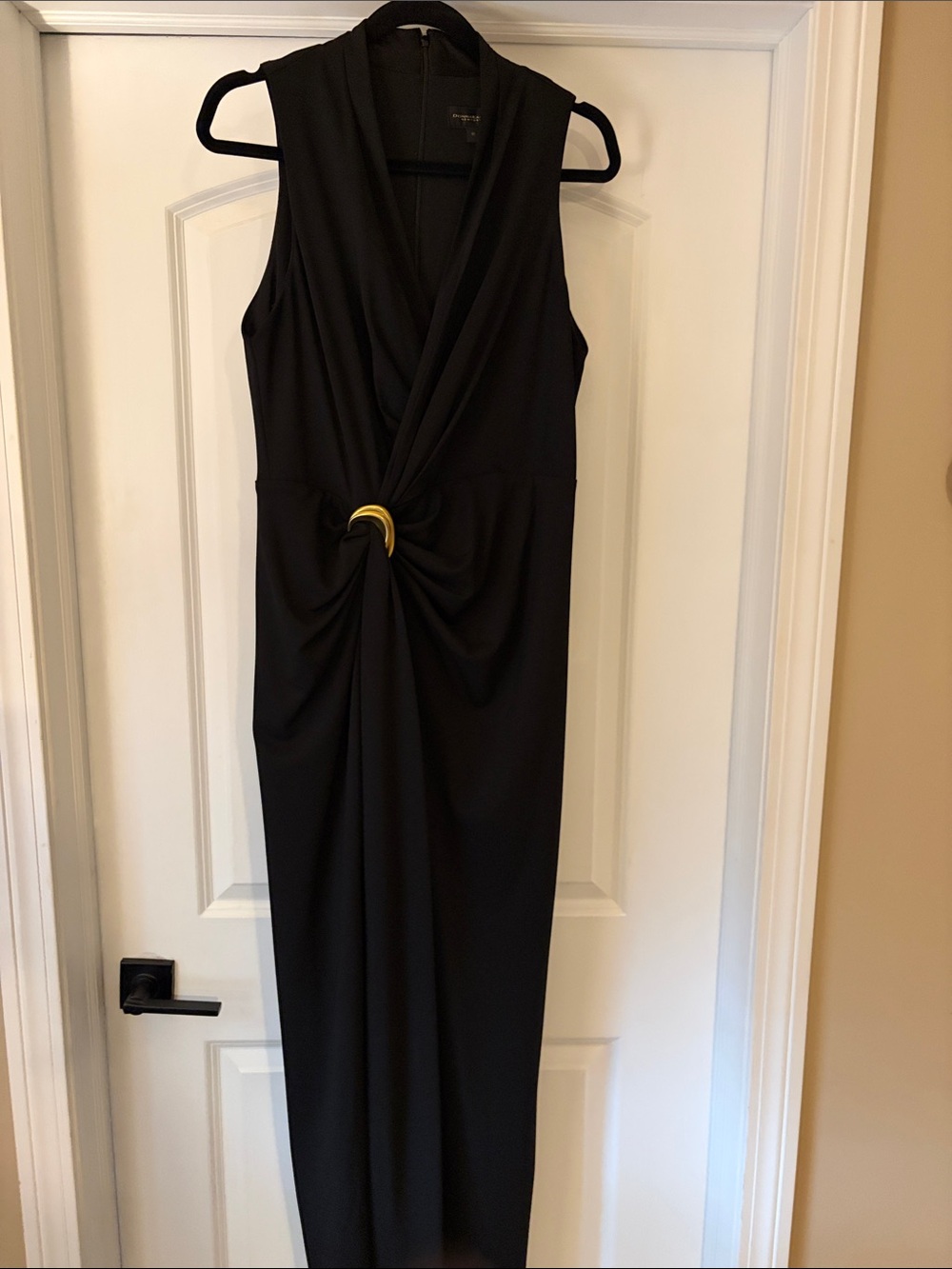 Donna Karan Black Sleeveless Maxi Dress with Gold Ring Detail
